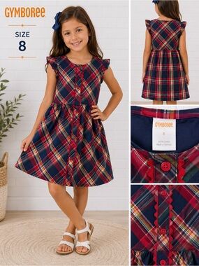 Gymboree Girls Size 8 cotton Plaid Ruffle Sleeve Button Front Dress